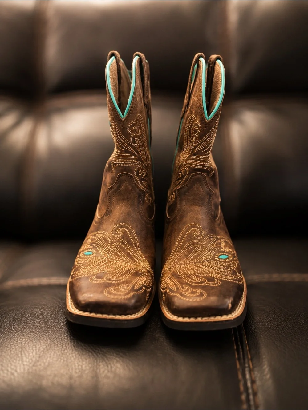 Ariat Brown Leather Kids Western Boots with Turquoise Accents